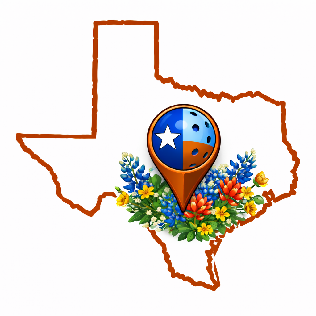 Pickleball Is All logo — Texas state outline with a pickleball location pin surrounded by Texas wildflowers including bluebonnets and Indian paintbrush