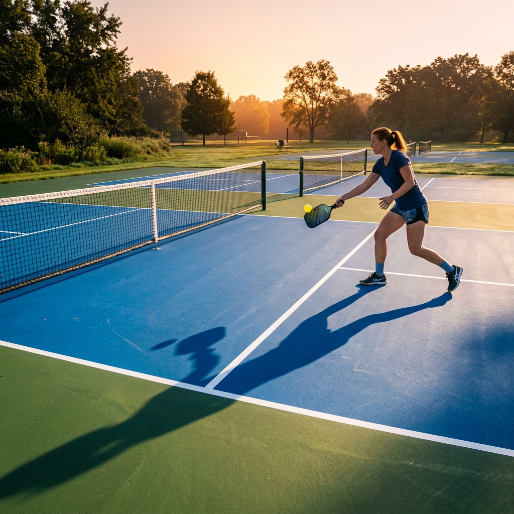 Woman hitting a pickleball with a paddle on an outdoor court during sunrise.
